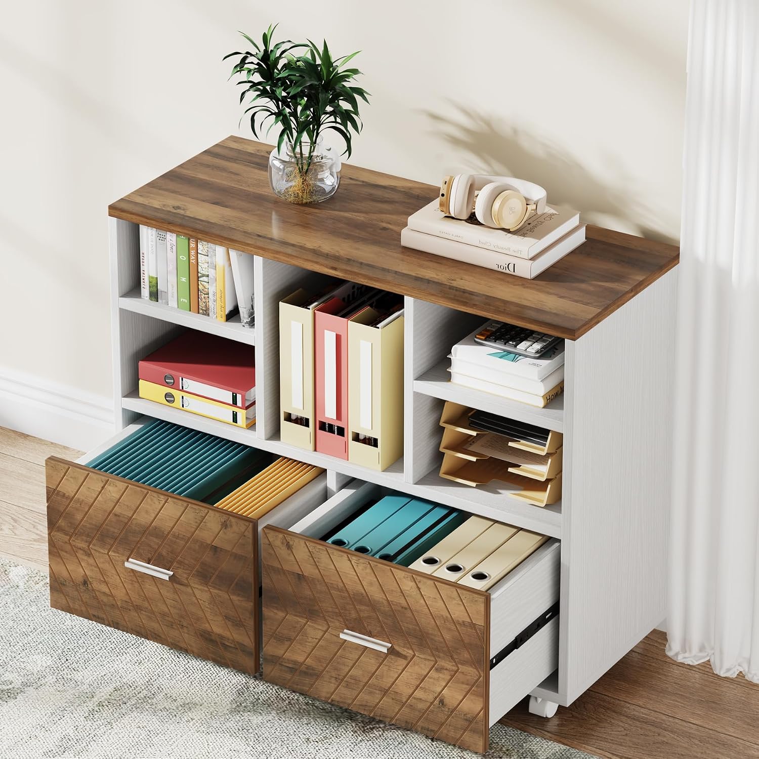 Printer Stand - Holz-Aktenschrank mit 2 Schubladen, mobiler seitlicher